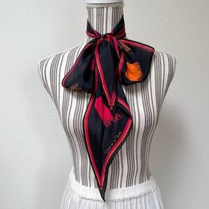 Vintage Oscar de la Renta Silk Scarf Black Red Orange Abstract Stripe Japan